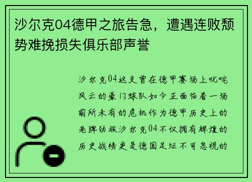 沙尔克04德甲之旅告急，遭遇连败颓势难挽损失俱乐部声誉