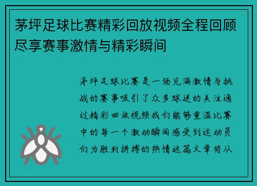 茅坪足球比赛精彩回放视频全程回顾尽享赛事激情与精彩瞬间